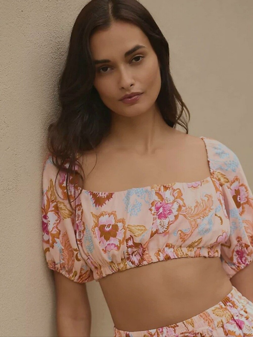Seafolly Anthropologie Puff-sleeve Peach Floral Linen Crop Top - Size S
